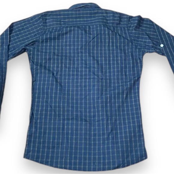 Mens Long Fit Medium Button Up Long Sleeve Blue Plaid Shirt - Picture 5 of 6